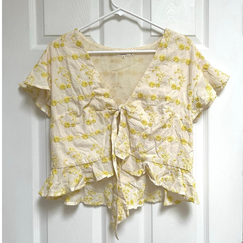 Tularosa White and Yellow Embroidered Floral Shirt with Tie Front